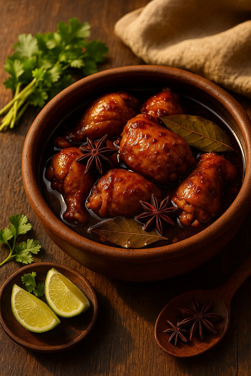 Traditional Filipino chicken adobo in clay pot with glossy mahogany sauce