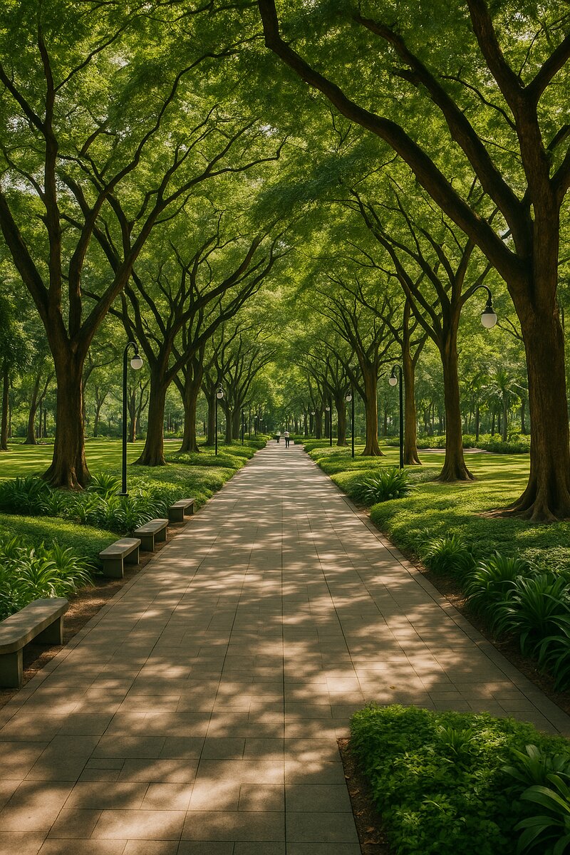 Scenic garden walkway in Ayala Triangle with mature trees and landscaping
