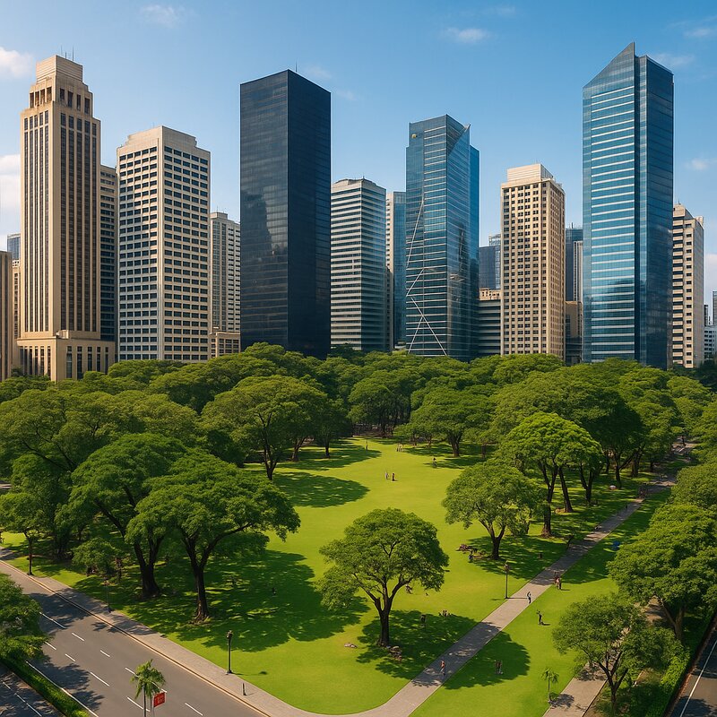 Ayala Triangle Gardens with lush greenery and modern architecture in Makati
