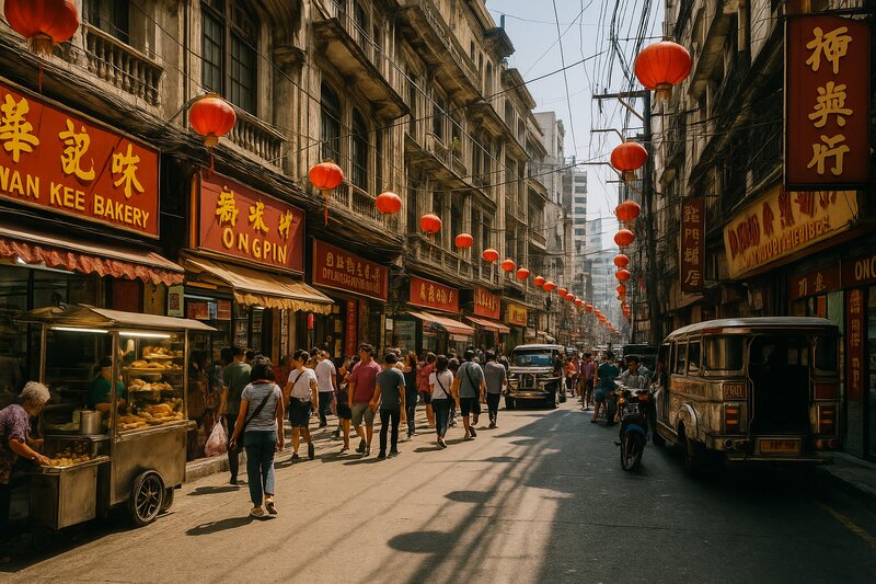 Busy street scene in Binondo Chinatown with Chinese signage