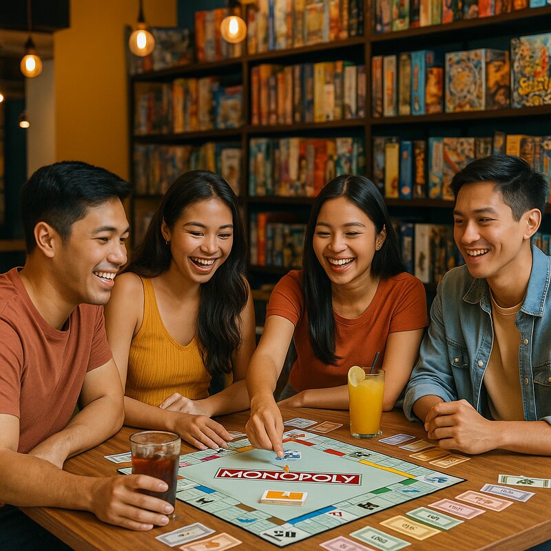Friends playing board games and enjoying drinks at a colorful gaming lounge in Metro Manila