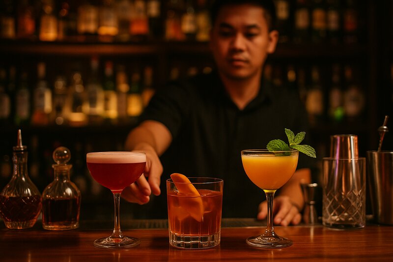 Close-up of expertly crafted cocktails at a Manila bar counter