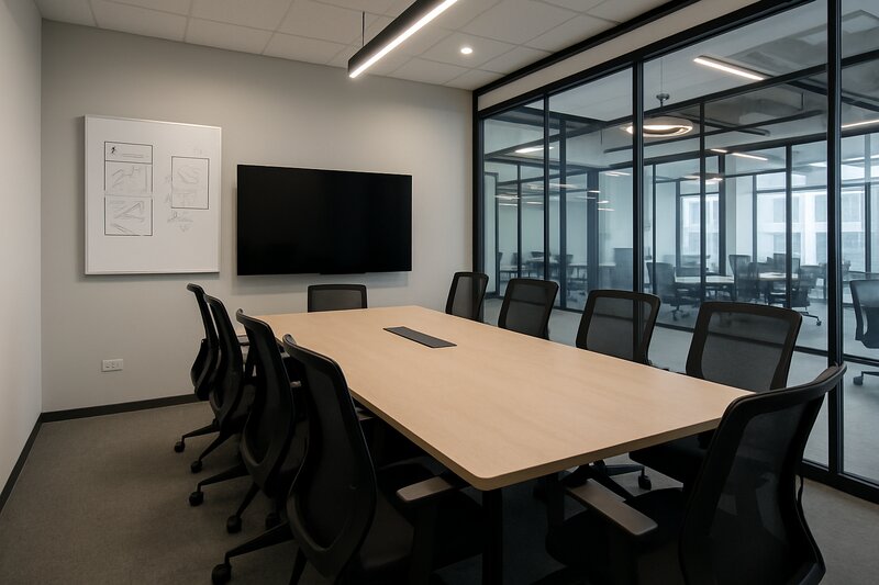 Professional meeting room with sleek conference setup and modern technology