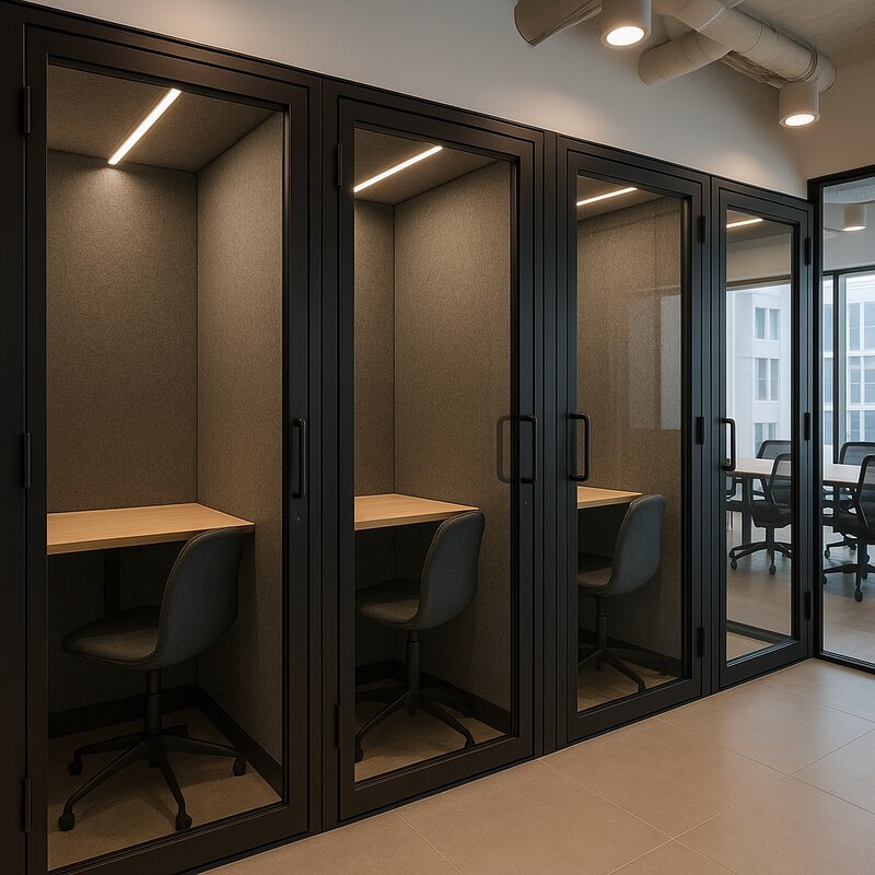 Private glass-walled phone booths designed for confidential business calls