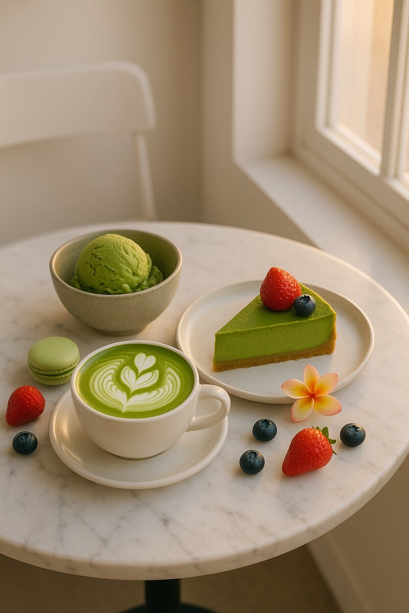 Colorful flat-lay of aesthetically plated desserts, latte with latte art, macarons, and floral decorations on cafe table