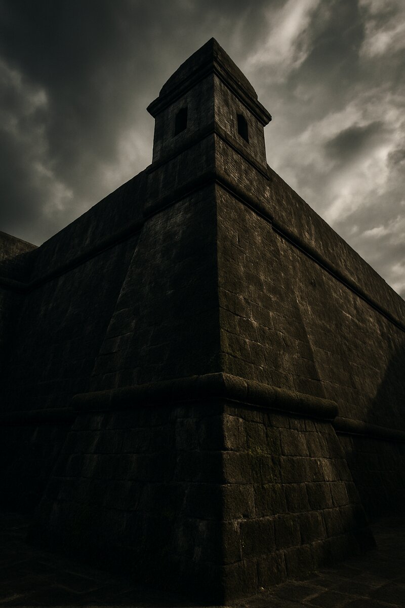 Imposing weathered volcanic stone fortress walls of Intramuros, dramatic upward perspective showing height and solidity