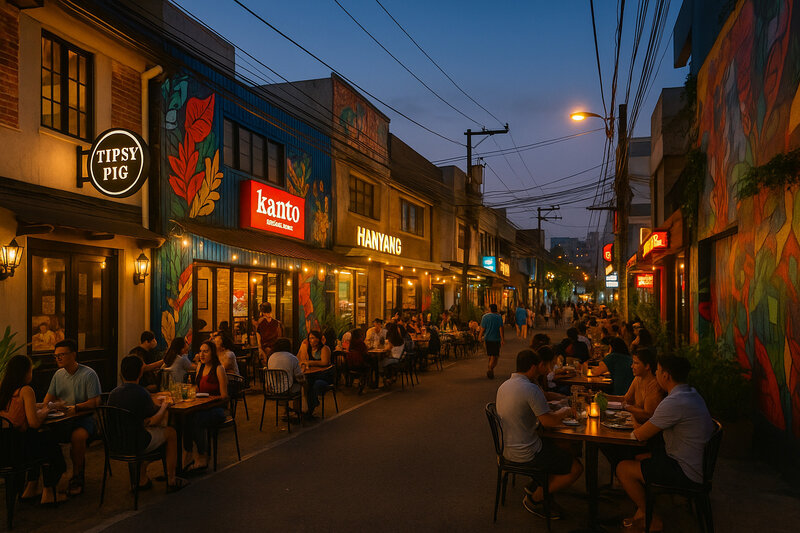 Street scene in Kapitolyo with restaurants and diners