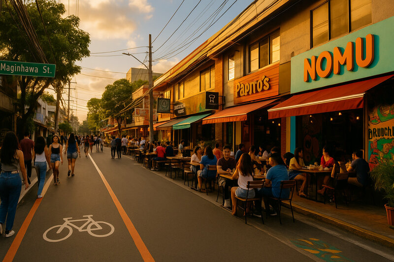 Maginhawa Street with restaurants and pedestrians