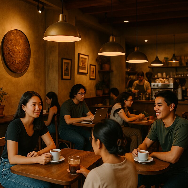Cozy Manila coffee shop interior with customers enjoying specialty coffee