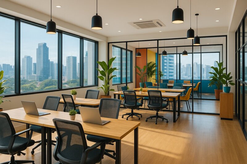 Modern coworking space in Manila with entrepreneurs working at desks