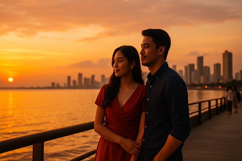 Couple enjoying sunset view over Manila Bay with city skyline in background