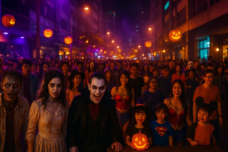 Costumed revelers celebrating Halloween in Manila with dramatic lighting and decorations