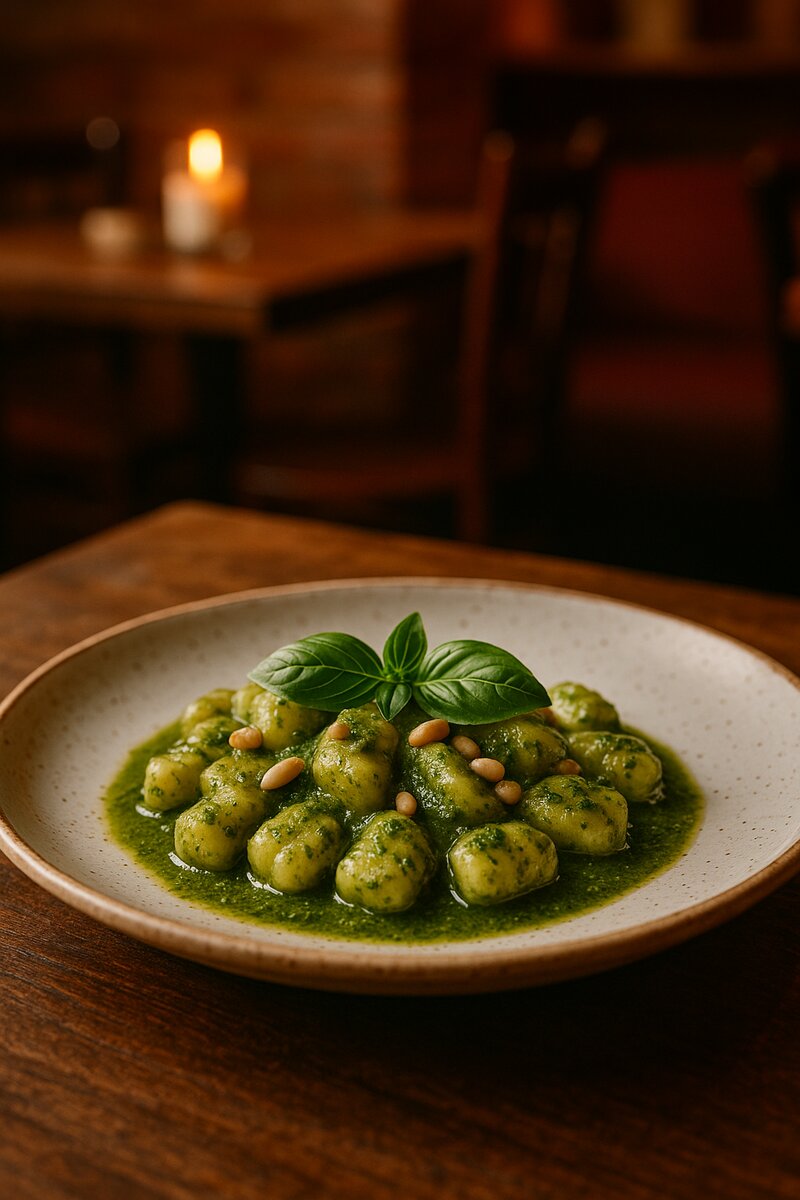 Pillowy gnocchi with vibrant green basil pesto sauce