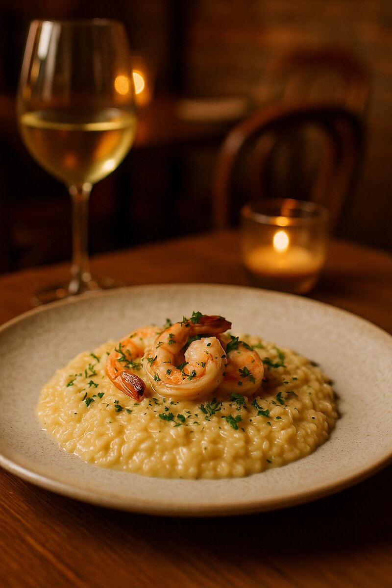 Luxurious seafood risotto with shrimp and white wine reduction