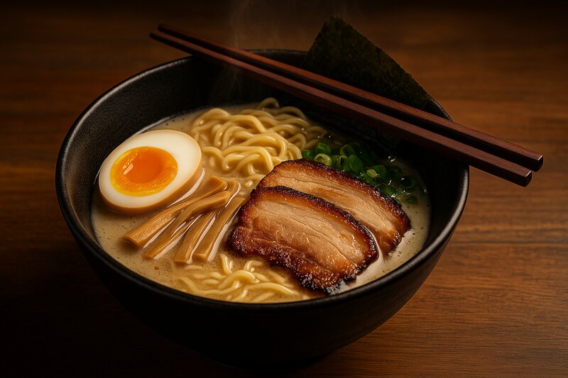 Steaming bowl of authentic Japanese tonkotsu ramen with chashu pork and soft-boiled egg