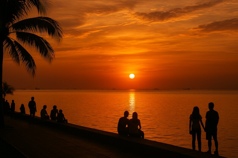 Stunning sunset over Manila Bay with golden sky and sun reflecting on water