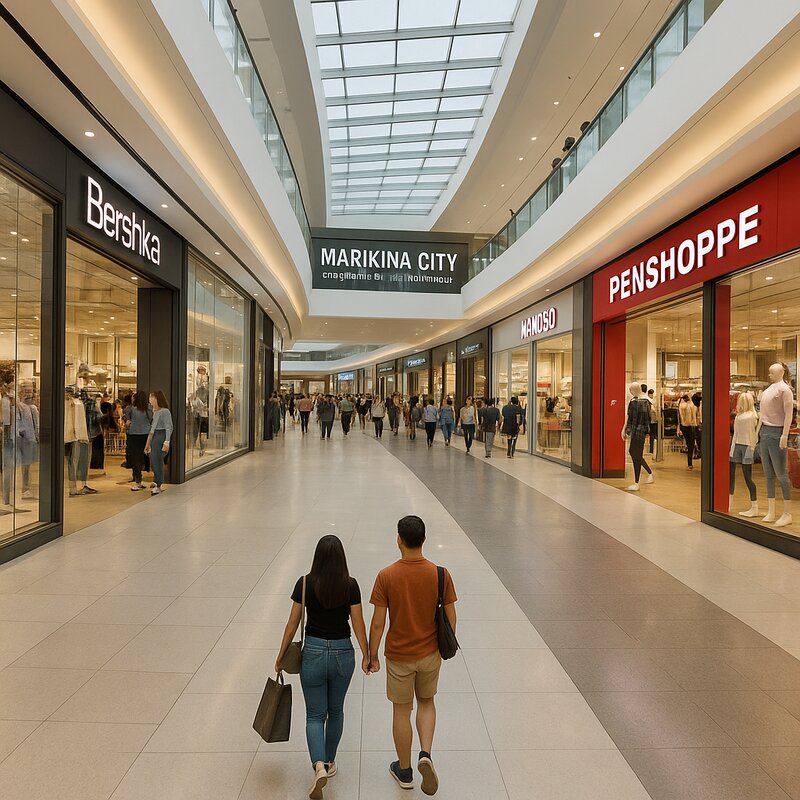 Shopping mall interior with stores and visitors