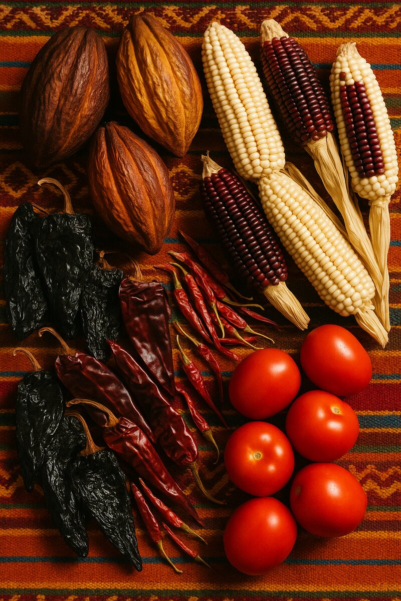 Vibrant arrangement of Mexican ingredients with dried chilies and fresh tomatoes on woven textiles