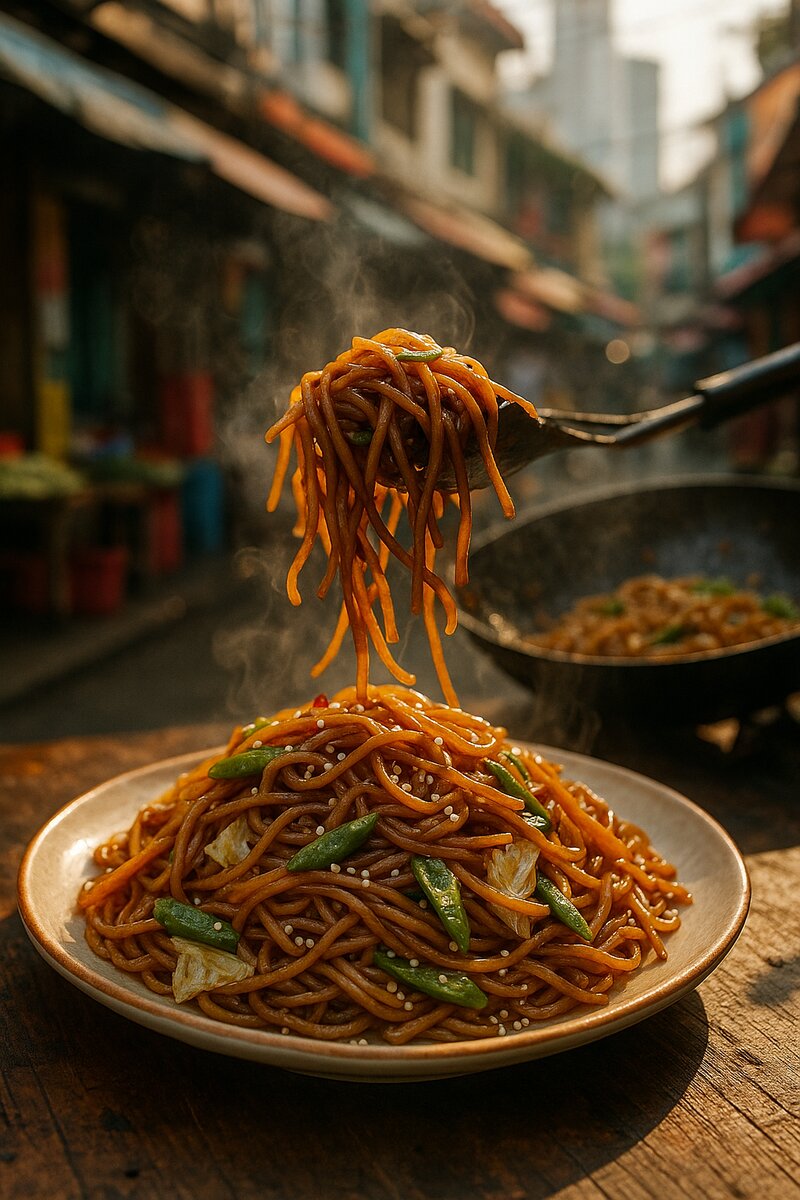 Steaming plate of pancit noodles with soy glaze and vegetables