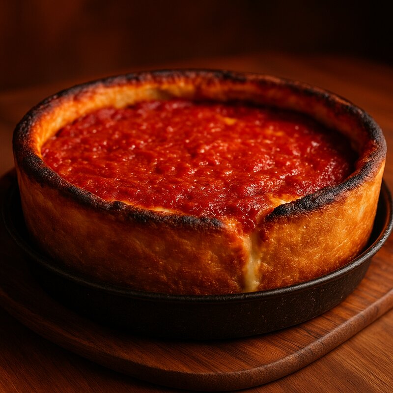 Detroit-style rectangular pizza with frico crispy edges and pillowy center