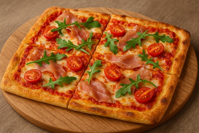 Classic Neapolitan Margherita pizza with fresh mozzarella, basil, and leopard-spotted char