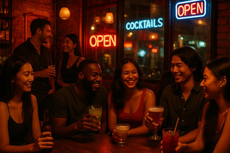 Social scene in Poblacion bar with diverse group enjoying drinks