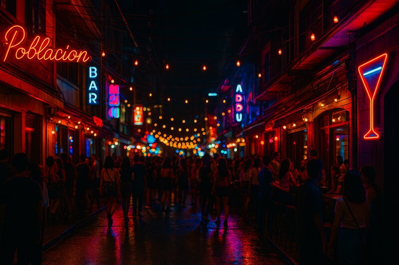 Vibrant nightlife scene on Poblacion streets with bars and crowds