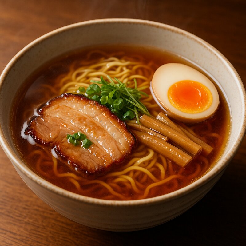 Clear amber shoyu ramen with delicate balance of flavors
