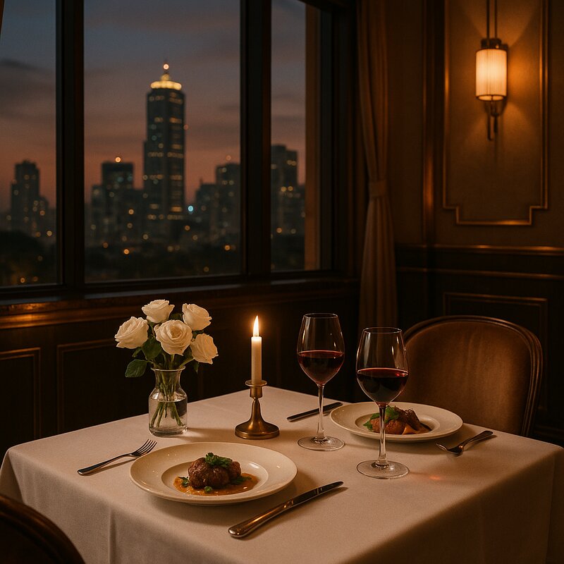 Elegant candlelit table with soft lighting, wine glasses, roses, and plated fine dining in romantic restaurant setting