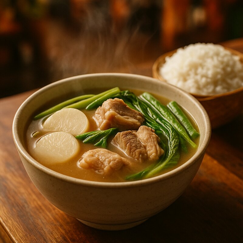 Steaming bowl of sinigang with pork and tamarind broth