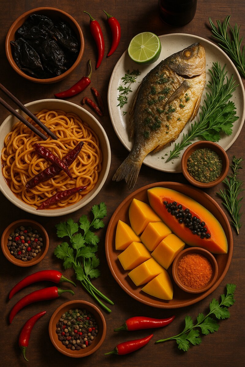 Table spread showing fusion of three continental cuisines with Asian noodles, Mexican chilies, and European herbs