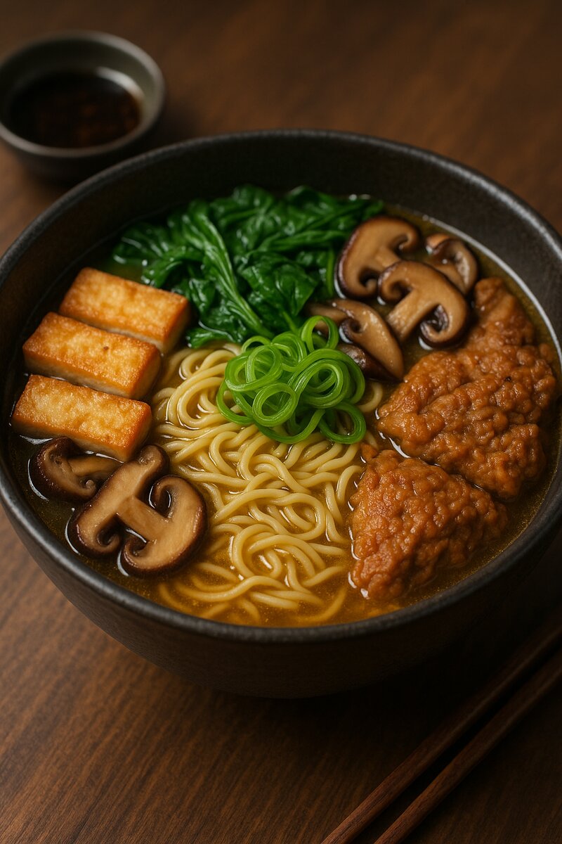 Vegan ramen with vegetable-based broth and plant-based protein